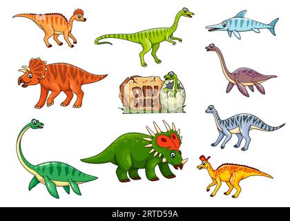 Zeichentrick-Dinosaurier oder Jurassic-Dino-Reptilien und Eidechsen, Vektor-Kinderspielzeug. Niedliche Dinosaurierfiguren, Monster und lustige, fröhliche Dino-Babymütze Stock Vektor
