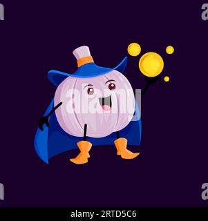 Comic Knoblauch Halloween Gemüsezauber, Hexe und Magier Charakter. Vector Spicy Veggies Magier mit mystischen Sphäre zaubert Zauber und Leistung Stock Vektor
