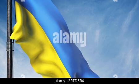 Staatsflagge der Ukraine - gelbe und blaue Nationalflagge. Eine visuelle Konstruktionsarbeit - (3D-Rendering) Stockfoto