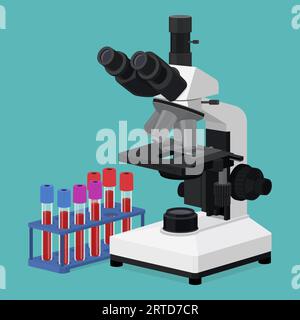 Mikroskop- und Blutproben in einem Vials-Rack-Isolate, Diagnostik und Forschungskonzept Stock Vektor