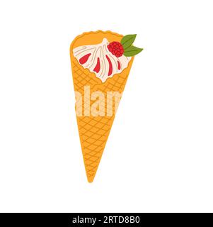 Fruchtiges Eis in Waffelkegel, Eisbecher in Waffel mit Himbeere drauf. Vector Cream Dessert italienische Eisbecher, Eis-Eis-Snack. Fastfood-Eis Stock Vektor