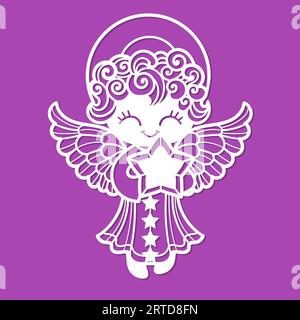 Der süße kleine Engel hält einen Stern. Vorlage zum Laserschneiden von Papier, Holz, Karton, Metall. Für die Gestaltung von Weihnachtsdekorationen, Stock Vektor