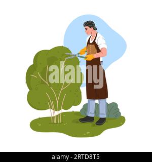 Zeichentrickgärtner, der den grünen Busch im Garten schneidet oder trimmt, Vektorrasenpflege, Landschaftsgestaltung, Gartenarbeit und Landschaftsgestaltung. Gärtner Pruni Stock Vektor