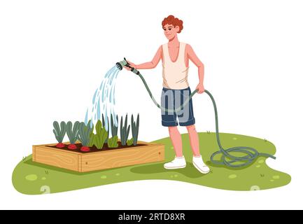 Fröhlicher Bauerncharakter, der Gemüse im Gartenbett tränkt. Karikaturgärtner Vektorpersönlichkeit, die auf dem Bauernhof oder im Garten arbeitet. Glücklicher junger Mann, der pla tränkt Stock Vektor