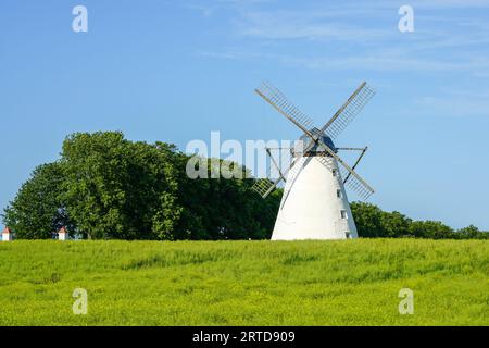 Wunderschöne Sommerlandschaft mit weißer historischer Windmühle im grünen Feld unter blauem Himmel Stockfoto