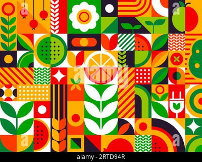Abstraktes Sommerobst-geometrisches bauhaus-Muster. Vektor-Fruchtfutter, Blumen- und Blatthintergrund des geometrischen Mosaiks mit Wassermelone, Zitrone und wh Stock Vektor