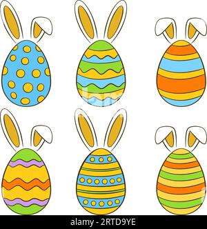 Set aus bunten Ostereiern mit Hasenohren Stock Vektor
