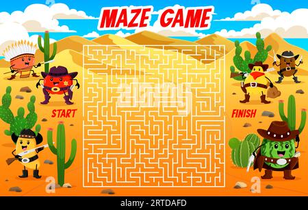 Westliches Labyrinth. Hilf dem Comic Fruit Sheriff und Ranger, Banditen in der Wüste zu finden. Kinder Spiel Quiz und Block Puzzle Vektor Arbeitsblatt mit quadratischen Labyrinth, Wassermelone, Apfel, Kiwi, Pfirsichfiguren Stock Vektor