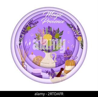 Lavendelpapier geschnittenes Banner mit Blumen und Kosmetik. Blumenstrauß von Frühlingsblumen, Pflanzen und Kräutern der provence im runden Vektorrahmen aus 3D-Papierschnittschichten mit Lavendelseife, ätherischem Öl, Kerzen Stock Vektor