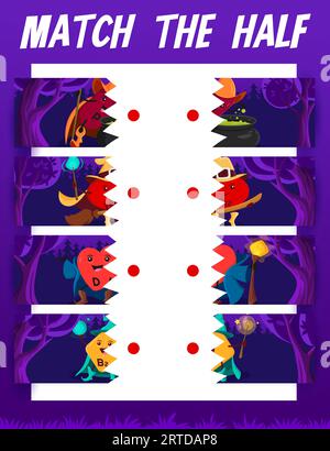 Passt zur Hälfte der Comic-Vitaminmagier und Zauberer. Vektor-Brettspiel-Arbeitsblatt mit P-, B12-, D- und B2-Warlock-Kapseln im Zauberwald der Nacht. Verbinden Sie getrennte Teile Rätsel-Aufgabe für Kinder Stock Vektor