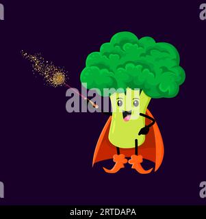 Cartoon Halloween Brokkoli-Gemüsezauberer, Hexe und Magier. Vector Veggies Magier Persönlichkeit mit einem Zauberstab, der ein Gefühl von Mysterium, Staunen und gesunden Essgewohnheiten weckt Stock Vektor