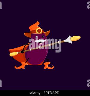 Cartoon Aubergine Halloween Gemüsemagier, Hexe und Magier Charakter. Vektor-Magician-Gemüse mit weißen Schnurrbärten tragen cape und Stab in der Hand. Lustiger magischer Pfarrer, Weiser oder Zauberer bereit für den Kampf Stock Vektor