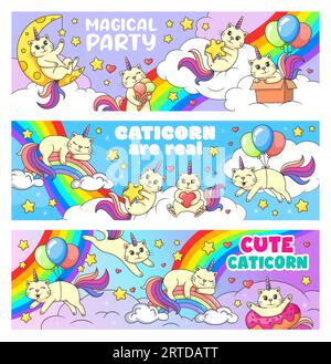 Cartoon süße Caticorn Katzen, Kätzchen Charaktere, Regenbogen auf Himmel Vektor Banner. Lustige Einhornkatzen spielen auf Wolken mit Regenbogen, Ballons, Kiste und Eis, Donut Floatie, Mond und Sternen Stock Vektor