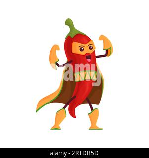 Comic Chili Pfeffer Superheldenfigur, Vektor lustiges rotes Jalapeno Gemüse in Superheldenmantel und Maske demonstrieren Kraft und Muskeln. Märchenhafte Persönlichkeit, isolierte Chili, gesunde Gewürznahrung Stock Vektor