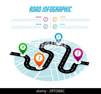 Infografik für Straßen, Vorlage für Vektorkarten mit Banner „Route Lone“, Navigations-Pins und Informationen. Autofahrt oder Fahrt mit Stopps an wichtigen Orten. Zusätzliche Daten zu Zielen Stock Vektor