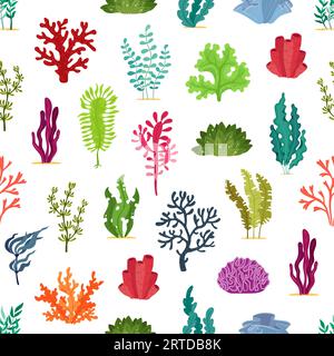Unterwasseralgenpflanzen. Aquarium Meeresalgen nahtloses Muster mit grünen, roten, lila und blauen Blättern. Vektorhintergrund von Meereswasserpflanzen, Seetang, Spirulina, Laminaria, caulerpa und Codium Stock Vektor