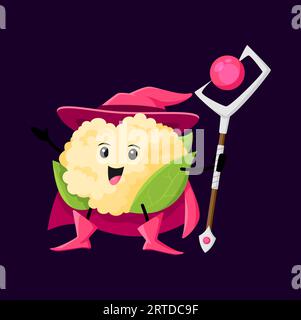 Cartoon Blumenkohl Halloween Gemüsemagier, Hexe und Magier Charakter. Vektor lustige Magier halten Zauberstab mit rosa Kristall. Wiz Zauberer tragen Hut und cape. Isolierter lächelnder Veggies Fascinator Stock Vektor
