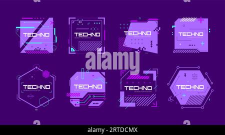 Technische Banners, abstrakte, beschädigte Rahmen im Cyberpunk-Stil. Vektor-Sci-fi-Textfelder mit Glitched-Effekt in lila Farben. Futuristische High-Tech-Abzeichen für die Werbung für digitale Produkte Stock Vektor