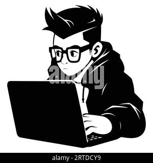 Computer-Hacker mit Laptop in Schwarz-weiß-Farbe Stock Vektor