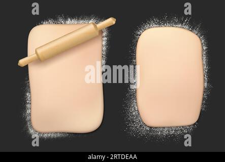 Realistischer Backteig mit Mehl und Stecknadel. Bäckerei oder Restaurant Konditormenü realistischer Vektor Hintergrund mit Brotbacken, Dessert Kochen Weizen flach Teig, Mehl und Rollpin Stock Vektor