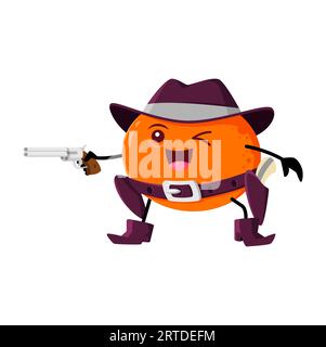 Cowboy, Sheriff, Ranger und Banditencharakter mit oranger Frucht, die eine Pistole führen und zum Schießen bereit sind. Isolierte Vektor-Zitrusfrüchte verspielte und skurrile Vitaminnahrung für Kinderspiel oder Kinderbuch Stock Vektor