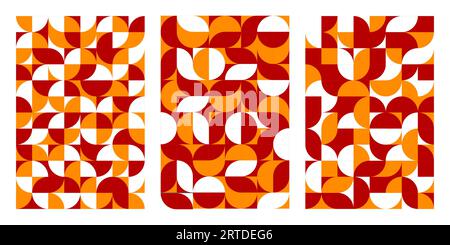 Abstrakter Herbsthintergrund mit modernem geometrischem Muster. Skandinavisches Kreisraster, Vektorfelder mit minimalistischer Geometrie, einfache runde Formen und Figuren in den Farben Rot, Schwarz und weiß für den Herbst Stock Vektor