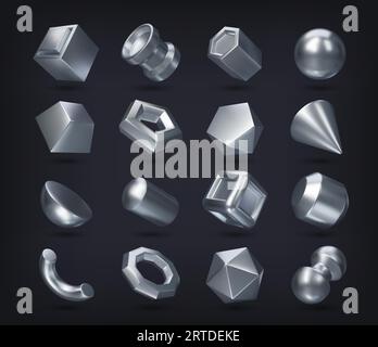 3D-silberne geometrische Formen. Vektorwürfel und Zylinder, Kugel und Oktaeder, Kegel, Pyramide, Parallelepiped. Quadratische, sechseckige und fünfeckige Prismen, Dodekaeder und Ikosaeder, Halbkugel Stock Vektor