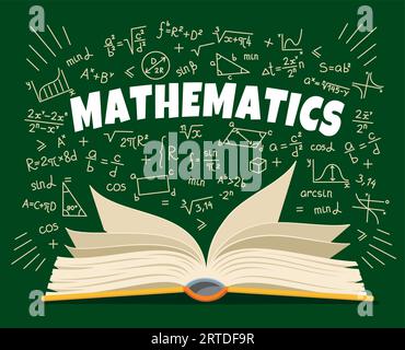 Mathematisches Lehrbuch, Symbol und Formeln auf Schulbretthintergrund, Vektorausbildung. Offenes Buch der Mathematikwissenschaften mit Skizzenkreidealgebragleichungen, Geometrieformen, Theoremen und Trigonometrie-Diagrammen Stock Vektor