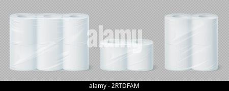 Realistisches Toilettenhandtuchpapier, Hygiene. Isolierte 3D-Vektorrollen, verpackt in einer Kunststoffverpackung. Unverzichtbares Bad- oder Küchenzubehör, das Komfort und Sauberkeit für persönliche Sanitärbedürfnisse bietet Stock Vektor