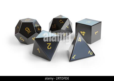 Set aus schwarzen Rollenspielwürfeln isoliert auf weißem Hintergrund. 3D-Abbildung. Stockfoto