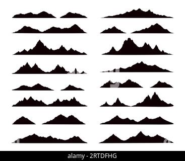 Schwarze Silhouetten in den Bergen, felsige Landschaftsformen. Isolierter Vektorbereich von Hügeln, monochrome Grate. Alpen mit Gipfelgipfeln – ein Set an Elementen für Abenteuer, Klettertouren, Reisen und Wanderungen Stock Vektor