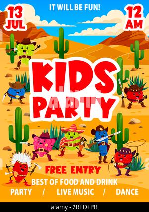 Kids Party Western Flyer, Comic Beeren Cowboy, Sheriff, Ranger und Banditen Charaktere in der Wüste. Vector Wildwest-Persönlichkeiten wie Kirsch, Honigbeere, Trauben und Erdbeere. Himbeere, Heidelbeere, Stachelbeere Stock Vektor