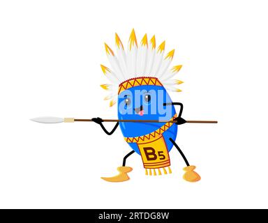 Comic Vitamin B5 indischer Charakter oder indianischer Krieger, Vektor-Kindermaskottchen. Lustig süßer Vitamin B5 Indianerhäuptling in Federstamm Kopfschmuck mit Speerwaffe von Apache oder Cherokee Indianer Stock Vektor
