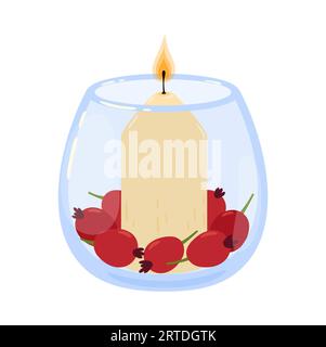 Aromatische Spa-Kerze im Glas, isoliertes Vektorwachs-Kerzenlicht mit brennendem Feuer Flammenlicht in runder transparenter Schüssel mit Hagebuttenbeeren. Duftendes Heim für Entspannung und Meditation Stock Vektor