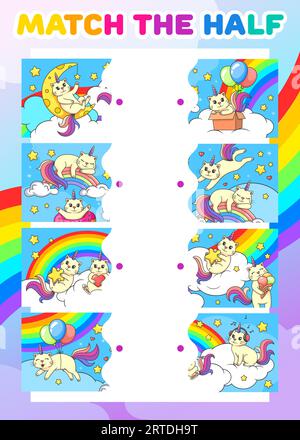 Passend zur Hälfte der lustigen Karikaturkatzen auf Regenbogen. Vektor-passendes Spiel-Arbeitsblatt mit niedlichem Kawaii-Kitten-Einhorn, lustigen Fantasy-Tieren. Verbinden Sie die richtigen Teile, die für die Kognition von Kindern geeignet sind Stock Vektor