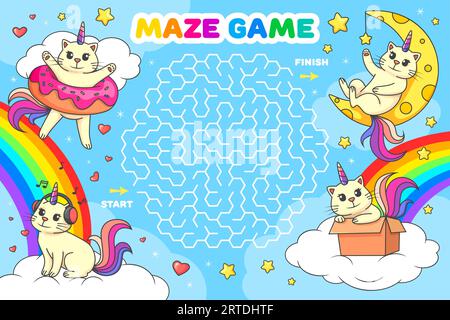 Labyrinth-Labyrinth. Hilf der süßen Katicorn-Katze, Freunde am Himmel zu finden. Kinder finden Way Quiz, Labyrinth Spiel Rätsel Vektor Arbeitsblatt mit verspielten Fantasy Katzen Charaktere hören Musik, sitzen in Box Stock Vektor