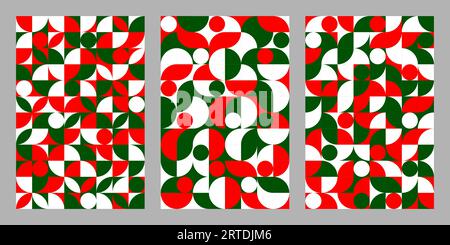 Weihnachten modernes abstraktes geometrisches Muster. Rote, grüne und weiße Fliesen. Vektorquadrate mit Kreisen und abgerundeten Elementen. Hintergrund mit farbigen Formen. Trendiges Motiv für Weihnachtsfeiern oder Neujahrsfeiern Stock Vektor