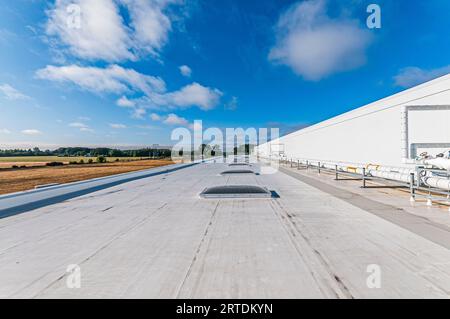 Weiß isolierte Rohrleitungen auf dem Dach des Kühlhauses für den Transport von Flüssigkeiten und Gasen. Die Oberlichter sind auf dem Flachdach abgebildet. Stockfoto