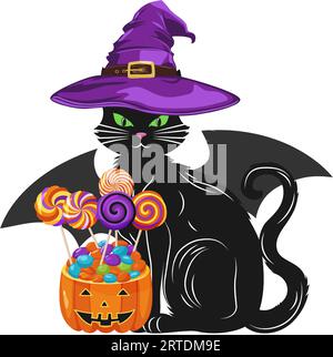 Eine schwarze Katze in einem Hexenhut mit Süßigkeiten und Lutscher. Halloween schwarze Katze sitzt mit Fledermausflügeln und Süßigkeiten. Niedliches Tier. Vektorillustration. Stock Vektor