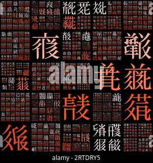 Hintergrund der abstrakten Matrix. Entwerfen Sie mit zufälligen Zeichen des alten Tangut-Alphabets. Gradiented Matrixmuster. Hintergrund mit tiefem orangefarbenem Motiv. Stock Vektor