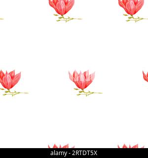 Nahtloser Aquarellhintergrund mit rosa Magnolien. Botanische Illustration der Magnolienknospe, Muster mit rosa Blüten. Japanische rosa Magnolienblüte PA Stockfoto