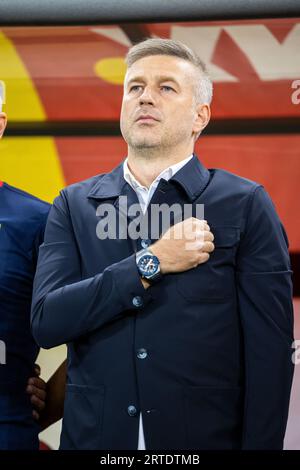 Rumänischer Manager Eduard Iordanescu während der UEFA Euro 2024, der europäischen Qualifikation, des Fußballspiels der Gruppe I zwischen Rumänien und dem Kosovo am 12. September 2023 in der Arena Nationala in Bukarest, Rumänien Stockfoto