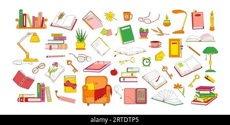 Große Anzahl von Büchern und Lesen verwandter Objekte Stock Vektor