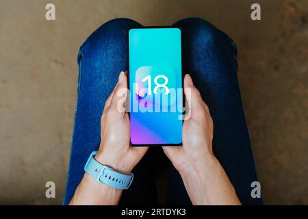 In dieser Abbildung wird das iOS 18-Logo auf einem Smartphone-Bildschirm angezeigt. Stockfoto