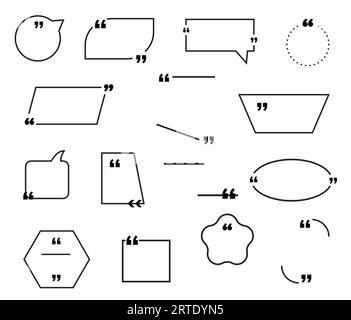 Vektorsymbole für Blase- oder Box-Rahmen mit Anführungszeichen, Sprechballons, Quadrat-, Rechteck- und Klammerrändern. Angebotsfeld, Chat-Nachricht, Kommentar, Notiz- oder Memo-Tag, Infotextfeld oder Blog-Feedback Stock Vektor