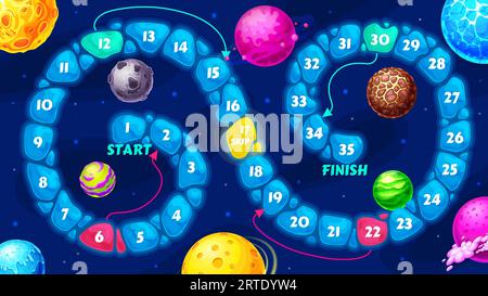 Galaxy Kids Board Labyrinth, Weltraumplaneten Schritt für Schritt Spiel. Cartoon Vektor-Abenteuer Boardspiel mit Blockpfad, Zahlen, Start und Ziel. Erzieherische Kinder rätseln für spielschulschulliche Freizeitaktivitäten Stock Vektor