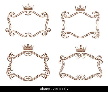 Königliche heraldische Rahmen und Borten mit Kronen und floralen Elementen, Vektor-Heraldik. Vintage-Vignetten mit braunen viktorianischen Blüten, Blättern und Reben, gekrönt von Kronen mit Fleur-de-Lis Stock Vektor