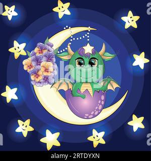 Ein süßer, karikaturgrüner Drache sitzt auf dem Mond. Tier auf dunkelblauem Hintergrund mit Wolken und Sternen. Jahr 2024 Chinesischer Kalender. Stock Vektor
