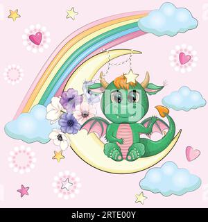 Ein süßer, karikaturgrüner Drache sitzt auf dem Mond. Tier auf dunkelblauem Hintergrund mit Wolken und Sternen. Jahr 2024 Chinesischer Kalender. Stock Vektor