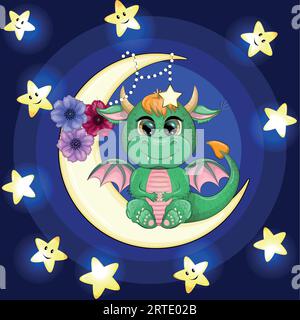 Ein süßer, karikaturgrüner Drache sitzt auf dem Mond. Tier auf dunkelblauem Hintergrund mit Wolken und Sternen. Jahr 2024 Chinesischer Kalender. Stock Vektor